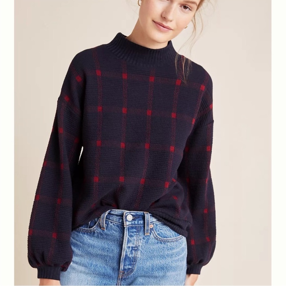 Anthropologie Navy and Red Plaid Turtleneck Sweater